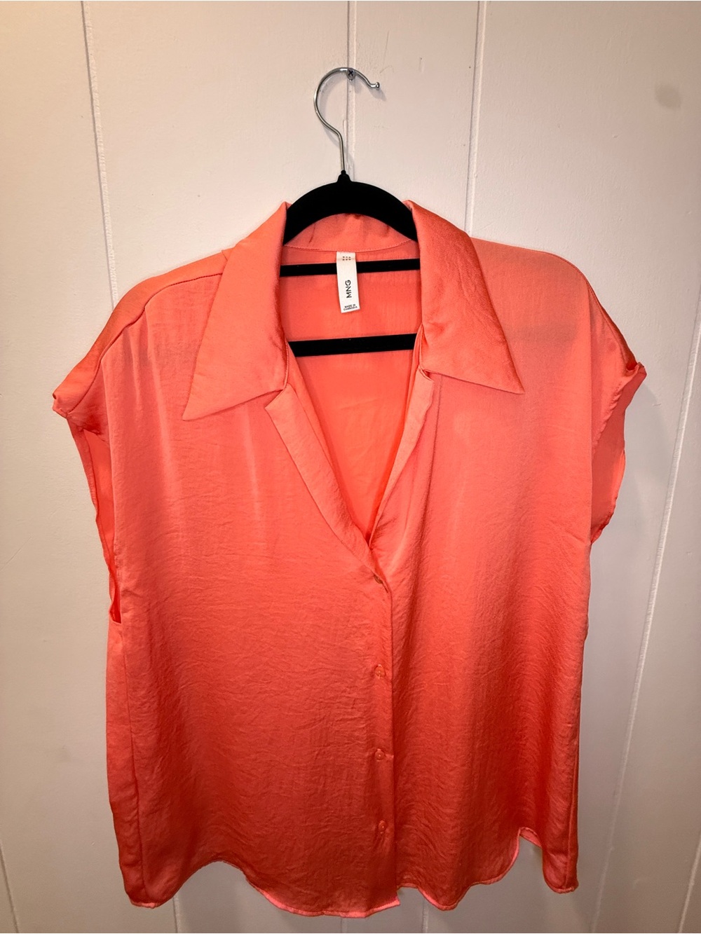 Mango Coral Button-Front Short Sleeve Blouse